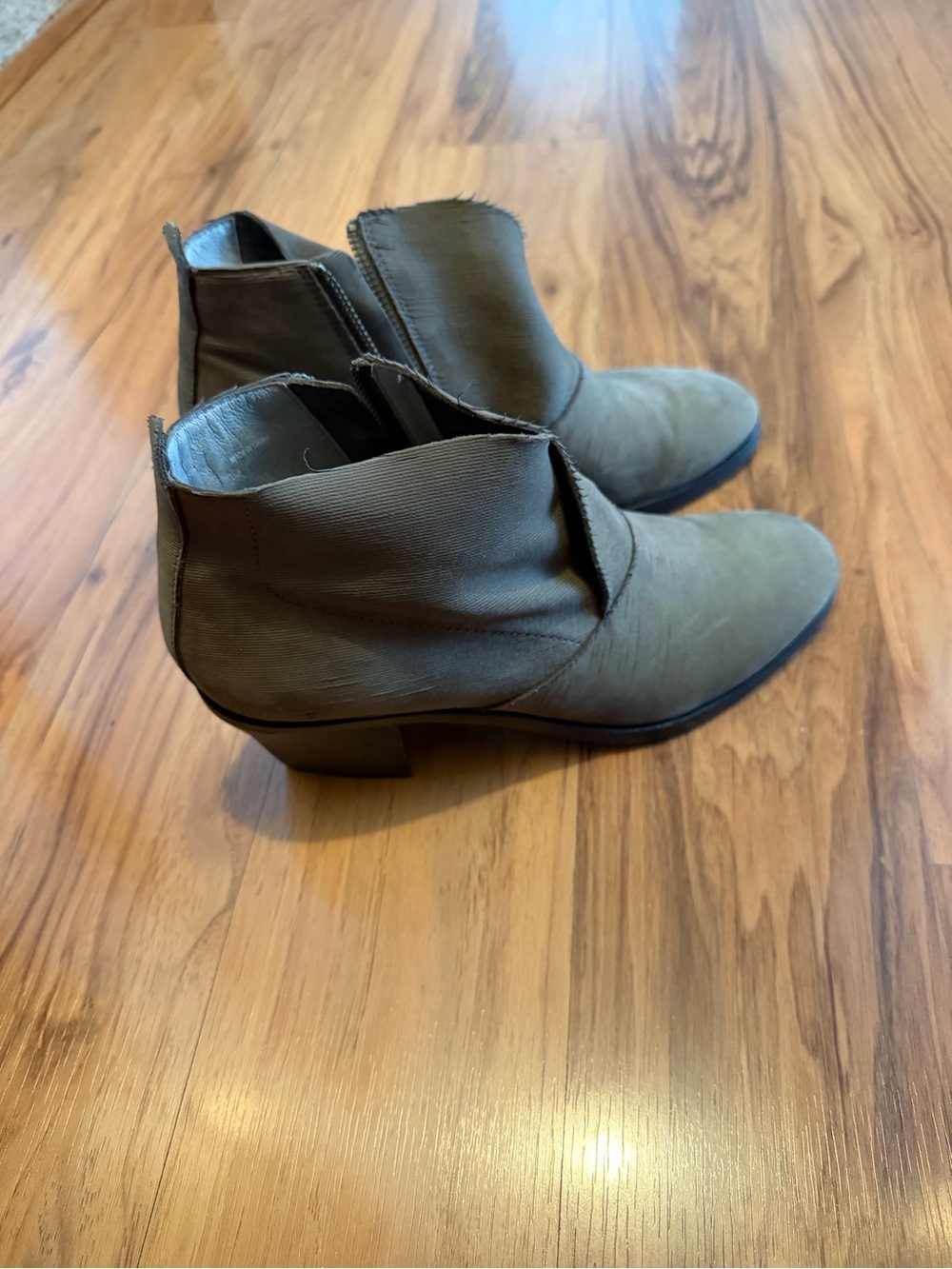 Eileen Fisher Olive-Taupe Ankle Booties with Low Block Heel